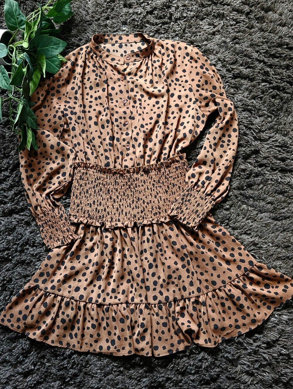 Smocked cheetah cat inspired animal print dress medium in a brown and black colo